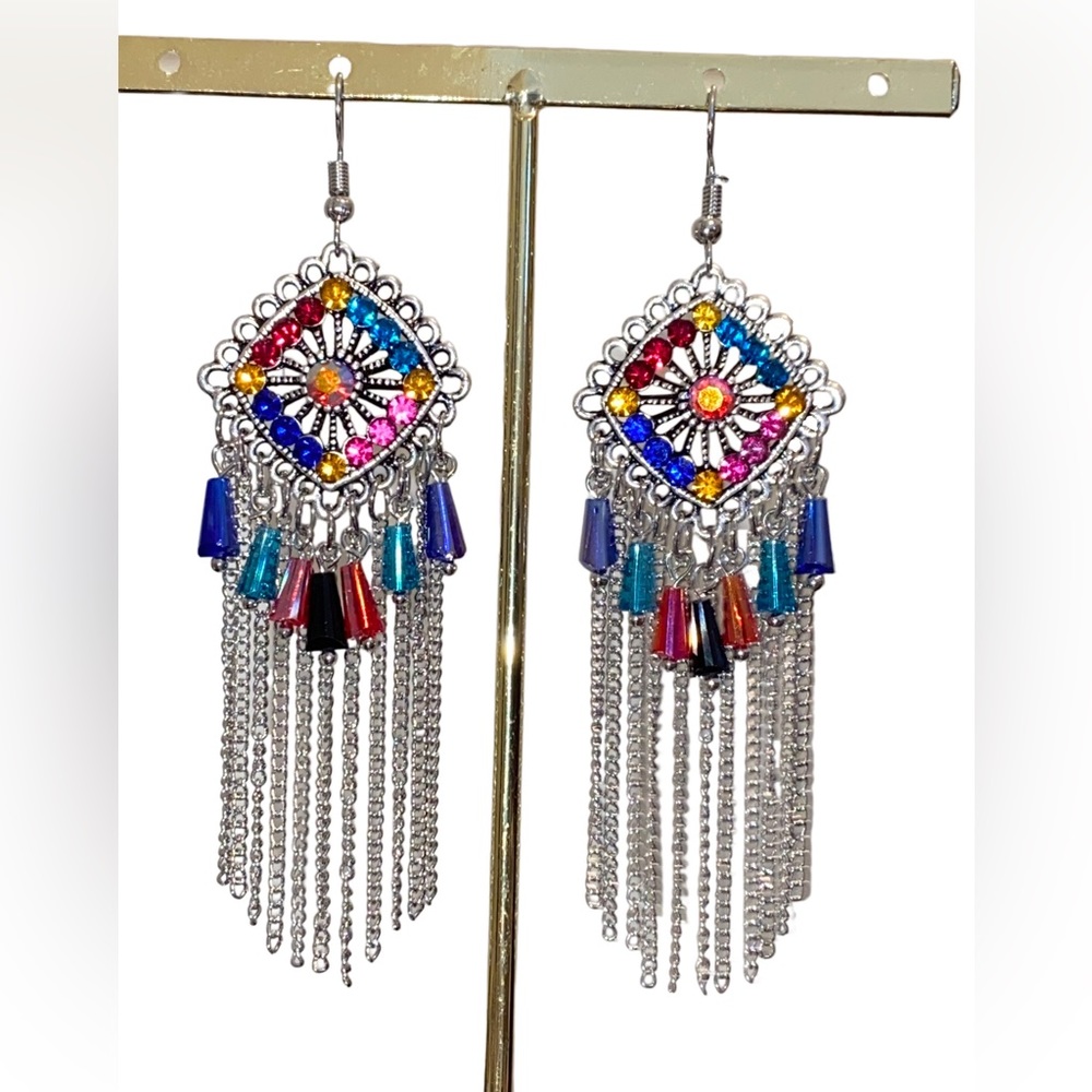 Boho Antique Wash Rhinestone Diamond Rainbow Earrings
